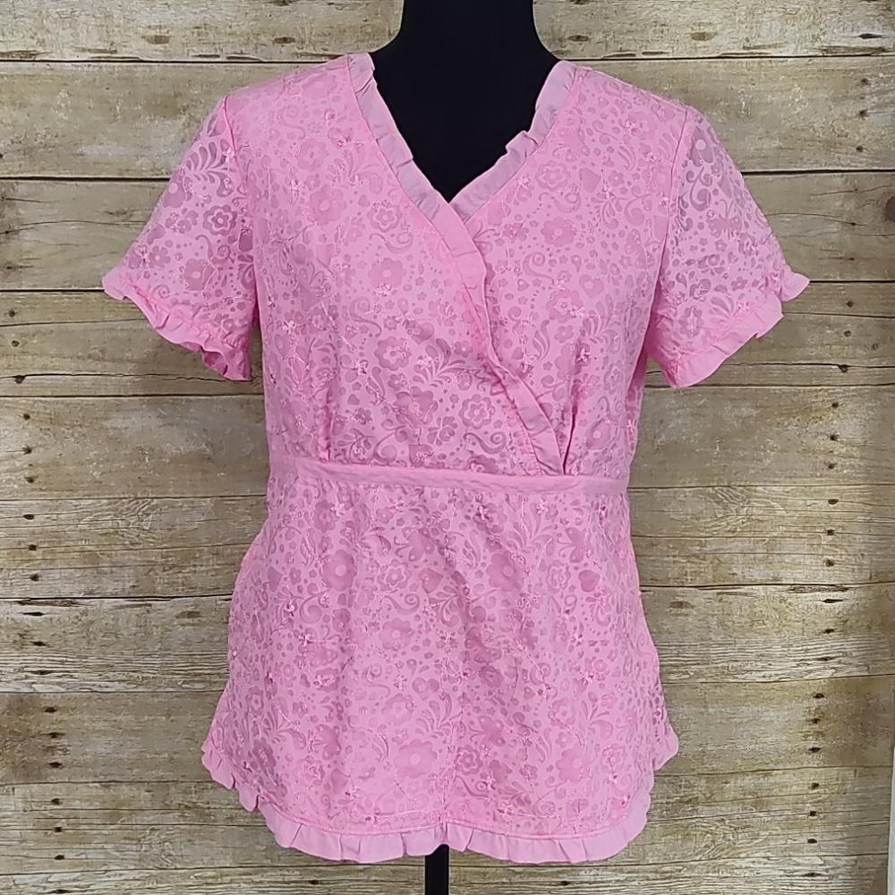 Koi Embroidered Floral Ruffle Scrub Top